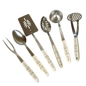 Vintage Flint Stainless Steel Kitchen Utensil Set of 6 Pieces Beige Floral